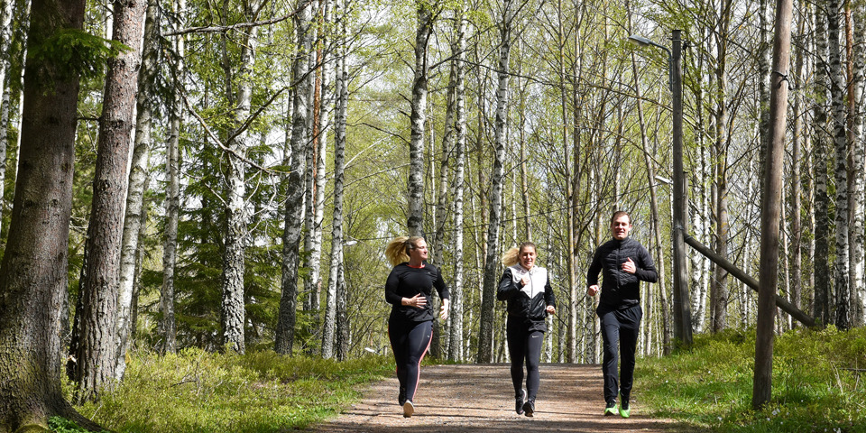 Tre personer som joggar tillsammans på ett motionsspår i skogen.
